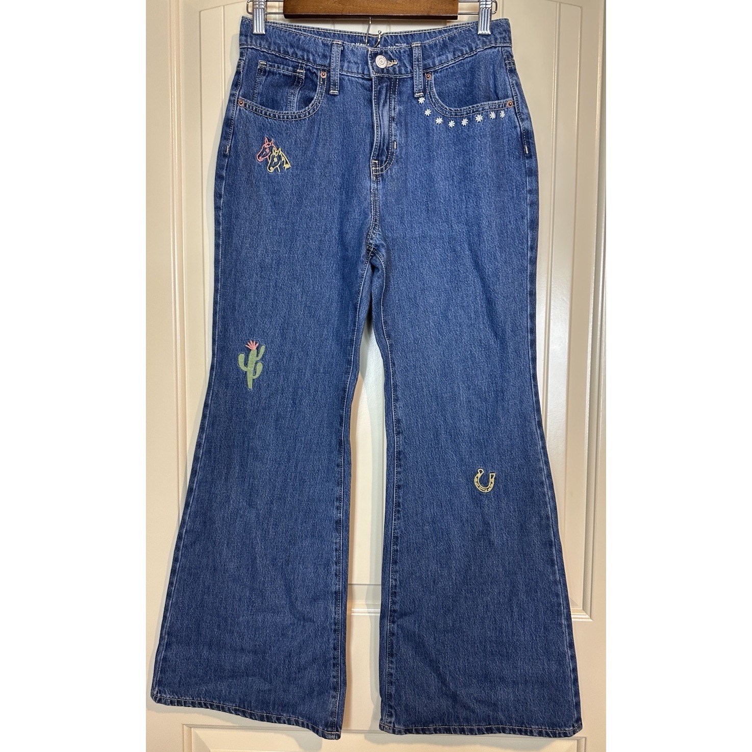 Old Navy Jeans Girls 14 Blue High Rise Baggy Flare Western Horse Cowgirl Rodeo